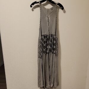 POL Gray Green Floral Button Down Sleeveless Top Dress